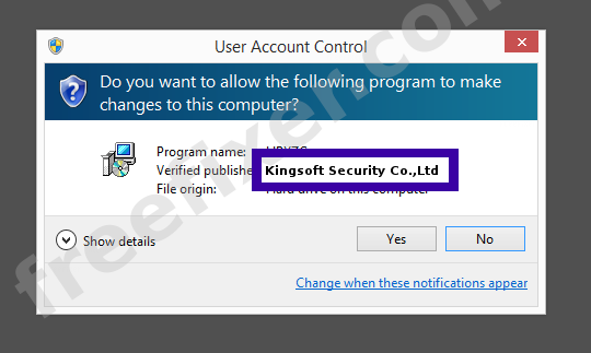 Screenshot where Kingsoft Security Co.,Ltd appears as the verified publisher in the UAC dialog